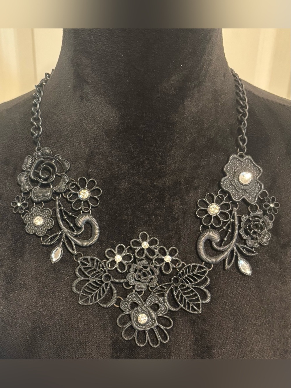 Gunmetal Floral Crystal Statement Necklace Ornate Garden Bib
